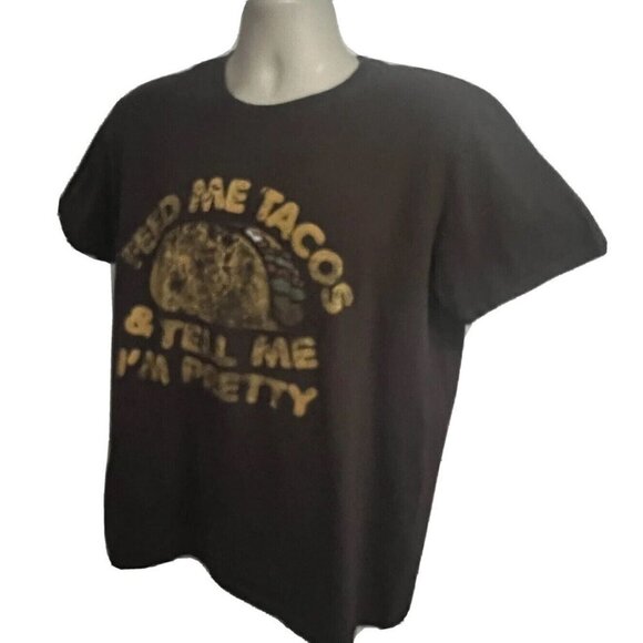Womens Brown Graphic T-Shirt Large Cotton Stretch Novelty Funny Feed Me Tacos - Picture 3 of 7